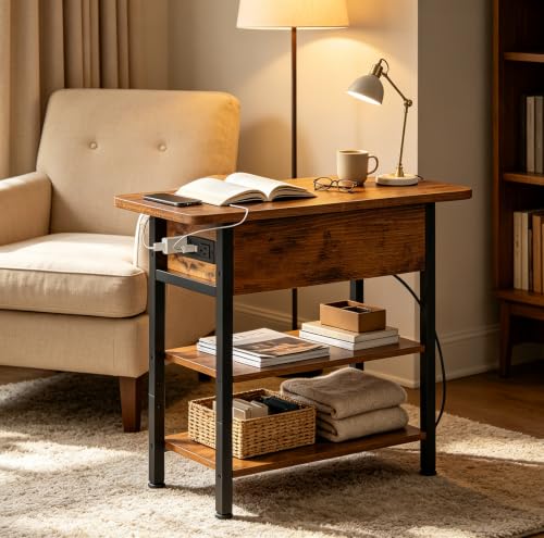 WLIVE 3-Tier End Table with Charging Station Flip Top Narrow Nightstand | 2 USB Ports+2 AC Outlets; Flip Top Hidden Storage; 2 Open Shelves; Small Space Living Room Bedroom; Sturdy Carbon Steel Frame - color: Rustic Brown