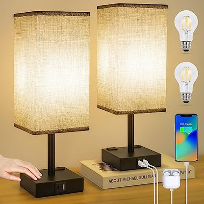 Bedside Table Lamps Set of 2 - Touch Nightstand Lamp for Bedroom with USB C+A Charging Ports & AC Outlets, 3-Way Dimmable Desk Lamp Grey Fabric Shade for Bedroom Living Room, Office(Bulb Included) - color: Gray