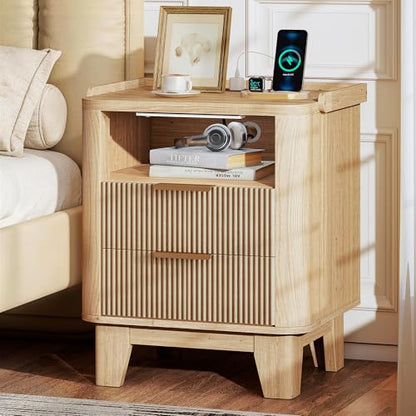 Baoz Fluted Nightstand with Charging Station & 2 Drawers, Natural Oak | 20" Wide Mid Century Modern Bedside Table with Light Wood Curved Profile 27in Tall LED Night Stand for Bedroom - color: Oak, size: 2 Drawers