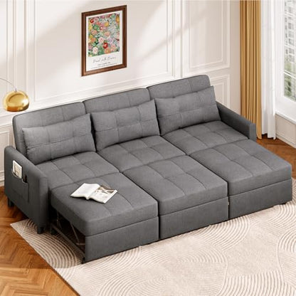 Aiho 78 Inch Sectional Sleeper Sofa, Pull Out Couch, Dark Grey | Pull-out Sleeper with Adjustable Backrest and Ottoman for Flexible Seating and Sleeping in Living Rooms or Guest Rooms - size: 3 Seater