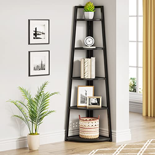 Tribesigns 5 Tier Corner Bookshelf and Bookcase, 70 inch Tall Corner Shelves Standing Shelving Unit Indoor Plant Stand for Living Room, Kitchen, Home Office (Black) - color: Black