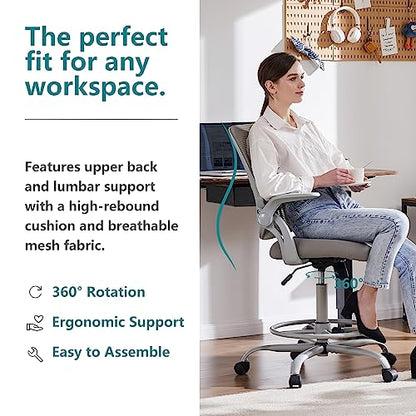 DUMOS Tall Drafting Chair, High Office Chair for Standing Desk | Flip-up Arms, Counter Height Adjustable, Mid Back Mesh, 360° Rolling Swivel Wheels, Grey - color: Grey, size: 18.5"D