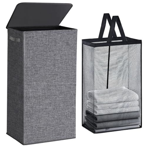 Collapsible Laundry Hamper with Lid 100L, Large Laundry Basket with Removable Mesh Bag for Bedroom, Bathroom,Closet, Dorm(Grey)