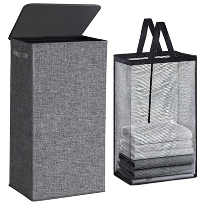 Collapsible Laundry Hamper with Lid 100L, Large Laundry Basket with Removable Mesh Bag for Bedroom, Bathroom,Closet, Dorm(Grey)