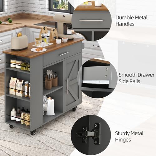 Kitchen Island with Storage, 39 Inch Rolling Kitchen Island on Wheels, Grey | 3-Tier Spice Rack, Drawer Storage, Adjustable Shelf & Towel Rack, Casters, Mobile Island Table for Kitchen, Dining Room - style: GREY