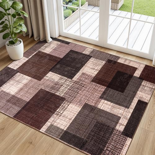 Washable 3x5 Entryway Rug, Throw Rugs with Rubber Backing, Purple | Non Slip, Low-Pile, Soft Stain Resistant, Patchwork Grid Print Door Mat Indoor Entrance for Kitchen Entry Bathroom Decor - color: Purple, size: 3' x 5' (Rectangular)