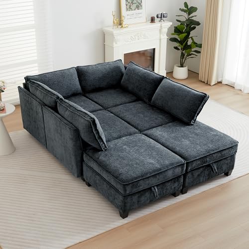 Sectional Couch with Storage, Modular Sectional Sleeper Loveseat Sofa and 4 Ottomans for Home Living Room, Sofa Bed Couch Convertible for Bedroom, Office - color: Navy Blue, size: Loveseat+4 Ottomans+4 Armrests
