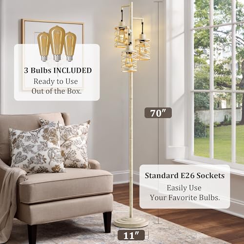 BOBOMOMO 70" Farmhouse Dimmable Floor Lamp, Weathered White Rustic Industrial Metal Cage Standing Lamp with 3 LED Bulbs, Stepless Dimming Tall Tree Lamp for Living Room, Bedroom, Entryway, Corner - color: Weathered White