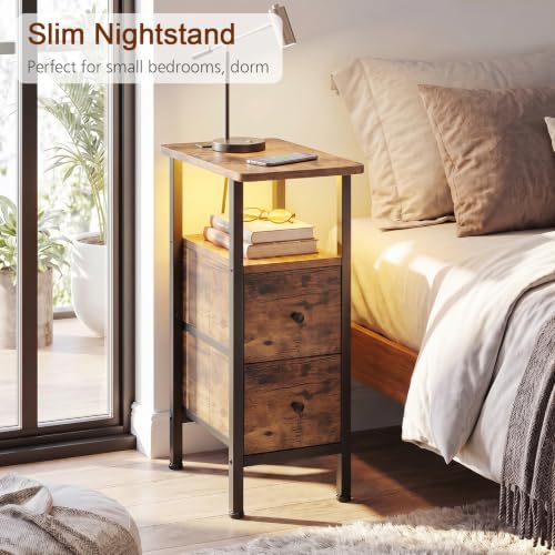 Narrow End Table with Charging Station, Small Nightstand | Skinny Side Tables Living Room with 2 Fabric Drawers, Slim Bedside Table with LED Lights for Bedroom, Small Spaces, Brown - color: Rustic Brown, size: 23.22''H (2 Drawers), style: Power + Light