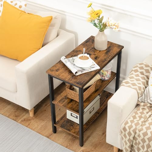 HOOBRO End Table, Simple Rustic Side Table with 3-Tier Storage Shelf, Narrow Nightstand for Small Spaces, for Living Room, Bedroom,Easy Assembly, Industrial Design, Rustic Brown and Black BF14BZ01 - color: Rustic Brown + Black