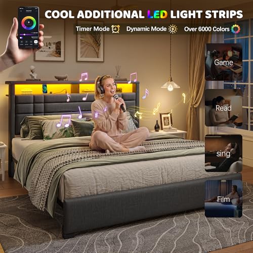 EnHomee Queen Upholstered Bed Frame with Charge Station & LED Lights, Grey | 2-Tier Shelves Headboard, 12" Under-Bed Storage Space, Noise-Free, No Box Spring Needed, Easy Assembly - color: Grey, size: Queen (U.S. Standard)