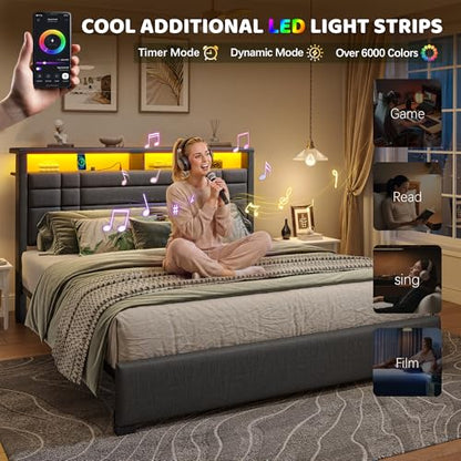 EnHomee Queen Upholstered Bed Frame with Charge Station & LED Lights, Grey | 2-Tier Shelves Headboard, 12" Under-Bed Storage Space, Noise-Free, No Box Spring Needed, Easy Assembly - color: Grey, size: Queen (U.S. Standard)