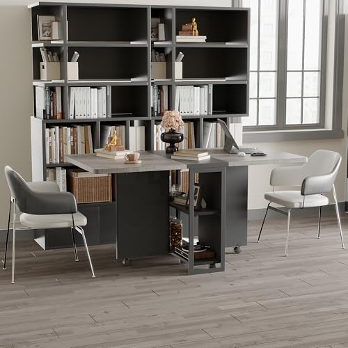 Drop Leaf Table for Small Spaces, Space Saving Folding Dining Table with 6 Wheels, Folding Kitchen Table with 2 Tier Storage Shelves, Foldable Extendable Desk for Apartment, Dining Room