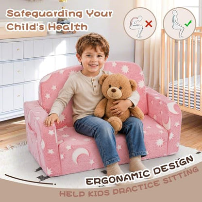 Foryoomi Extra Wide Kids Couch, Kids Sofa, Toddler Sofa, Glow in The Dark, 2-in-1 Soft Toddler Couch with Blanket and Pillow, Moon Style, Pink - color: Pink Moon