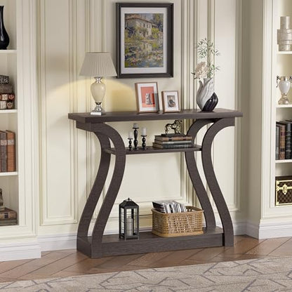 47" Narrow Console Table, Entry Table with Curved Legs, Sofa Table | Wood Console Table 3-tier Shelf Modern Accent Sofa Table for Entrance Area, Living room, Hallway (Brown) - color: Dark Brown
