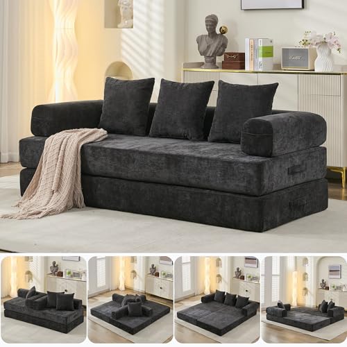 Convertible Folding Sofa Bed Modular Floor Couch, 78.8‘’ Cloud Sleeper Sofa with Removable Backrest, Chenille Foldable Mattress Couch, Lazy Loveseat for Small Space, Apartment, Bedroom, Black - color: #3-black