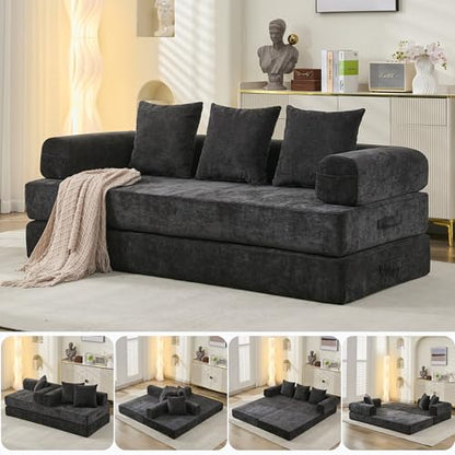 Convertible Folding Sofa Bed Modular Floor Couch, 78.8‘’ Cloud Sleeper Sofa with Removable Backrest, Chenille Foldable Mattress Couch, Lazy Loveseat for Small Space, Apartment, Bedroom, Black - color: #3-black