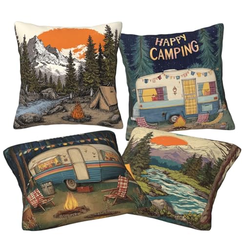 Camping Throw Pillow Covers Set of 4 Decorative Soft Double Sided Print Pillow Case Farmhouse Home Decor for Living Room Sofa Couch 18x18 - color: Camping