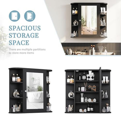 Shintenchi Bathroom Medicine Cabinet with Mirror, Wall Mounted, Black - color: Black