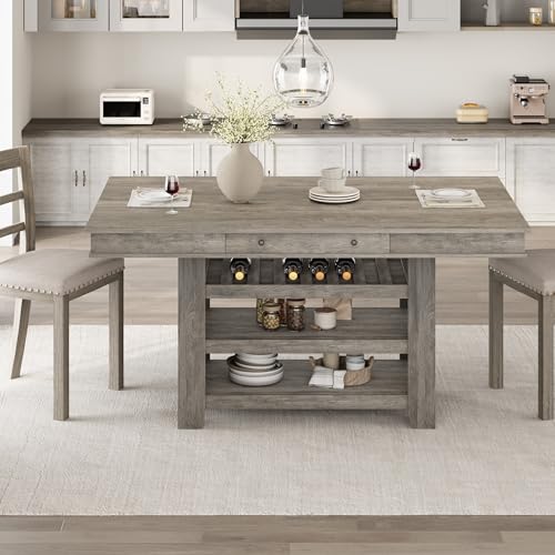 Farmhouse Dining Counter Height Table with Wine Rack & 3 Shelves, 36" Wooden Tall Dining Table with 2 Drawers, Thick Frame Counter Height Kitchen Table for Bar & Entertaining, Retro Gray - color: Retro Gray