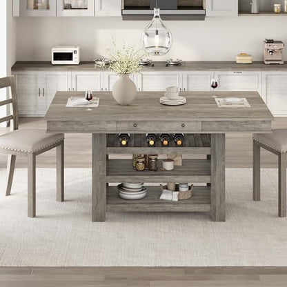 Farmhouse Dining Counter Height Table with Wine Rack & 3 Shelves, 36" Wooden Tall Dining Table with 2 Drawers, Thick Frame Counter Height Kitchen Table for Bar & Entertaining, Retro Gray - color: Retro Gray