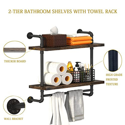 Helsin 24inch Industrial Pipe Shelving Bathroom Shelves Wall Mounted with Towel bar, 2 Tier Rustic Wood Floating Shelf, Metal Towel Rack Wall Shelf for Home & Bathroom (Brown, 24inch) - color: Brown, size: 24inch
