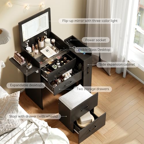 Herture 3 in 1 Vanity Desk with Flip Top Mirror, Comapct Vanity | Small Vanity with Lights,Outlets,Side Cabinet,Collapsible Desk Panel,Storage Hidden Stool,Makeup Vanity Table Black PT01DTB - color: Black