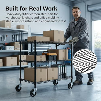 Finnhomy 3 Tier Heavy Duty Commercial Grade Utility Cart, Wire Rolling Cart with Handle Bar, Steel Service Cart with Wheels, Kitchen Carts on Wheels, Metal Cart Shelf Size 18" D x 36" W, NSF, Black - size: 36"L x 18"W x 35.4"H-3 Tier, style: Black Cart