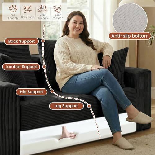 Convertible Sofa Bed, 5 in 1 Small Boneless Couch Pull Out Loveseat Sleeper Sofa,Corduroy Futon Couch Folding Mattress with 4 Pillows for Living Room (Black01, Loveseat)