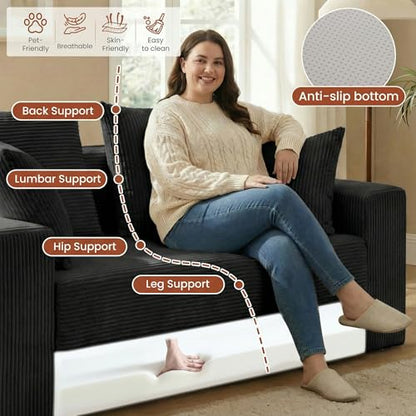 Convertible Sofa Bed, 5 in 1 Small Boneless Couch Pull Out Loveseat Sleeper Sofa,Corduroy Futon Couch Folding Mattress with 4 Pillows for Living Room (Black01, Loveseat)