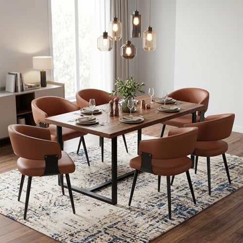 Dining Chairs Set of 6, Modern Upholstered Faux Leather Kitchen Chairs with Curved Back, Easy to Assemble & Clean for Dining Room, Restaurant, Cafe, Brown | Faux Leather Upholstery, Curved Back, Metal Legs, Easy Clean, Dining Room, Kitchen, Breakfast Nook