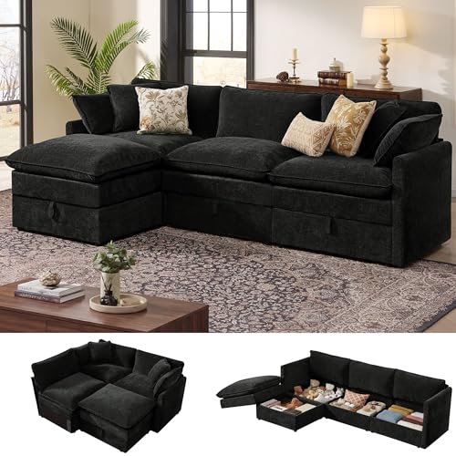 Ihanherry 103" Modular Sectional Sofa with Storage, L Shaped Cloud Couch with Movable Ottomans & 4 Pillows, Chenille Deep Seat Sectional Couches for Living Room, Apartment (Black) - color: Black, size: 103" L Shape
