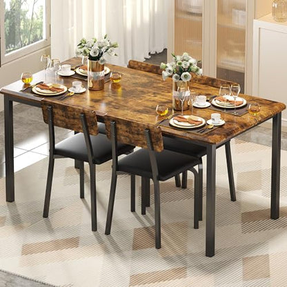 IRONCK 5-Piece Extendable Dining Table Set, 63" Kitchen Table with 4 Chairs | Space-saving Dining Table Set with Extendable Drop Leaf Design, MDF Top and 4 Upholstered Chairs for Kitchen or Dining Room