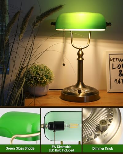 Green Stepless Dimmable Glass Bankers Desk Lamp | Table Lamp Plug in Fixture for Study, Office, LED Bulb Included - color: Green-Dimmable