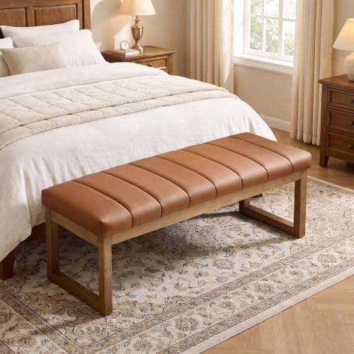 52.7" Bedroom Bench for End of Bed, Faux Leather Entryway Bench (Brown-PU) | Modern Upholstered Dining Bench & Footrest Stool Bench with Solid Wood Frame for Bedroom, Living Room - color: Brown-pu