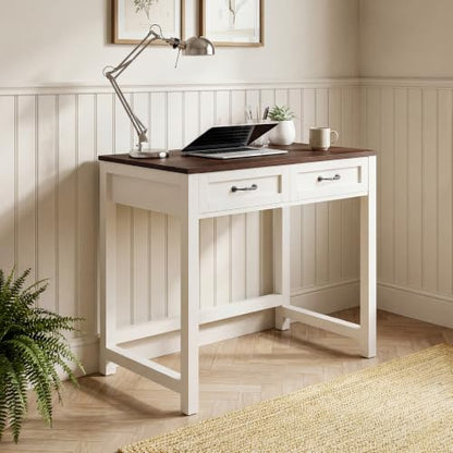 Small Writing Desk with 2 Drawers, Two-Tone Farmhouse Computer Desk with Storage, 31.5" Compact Study Table for Home Office Small Space, White & Walnut