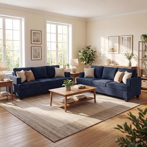 YOUDENOVA 2 Piece Set Comfy Sofa Couch, 3-Seater Sofa * 2 with Deep Seats, Modern Sleeper Couch for Living Room, Navy Chenille - color: Blue Chenille, size: 3-Seater*2