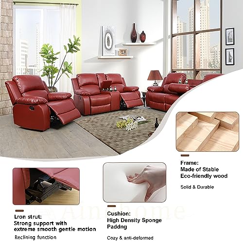 A Ainehome Living Room Furniture Set Leather Recliner Sofa Set Loveseat Chair Furniture Sofa Set for Living Room/Small Space/Rv/House/Office/Theater Seating (A-Red Leather, 3 Piece Set) - color: A-red Leather, size: 3 piece set