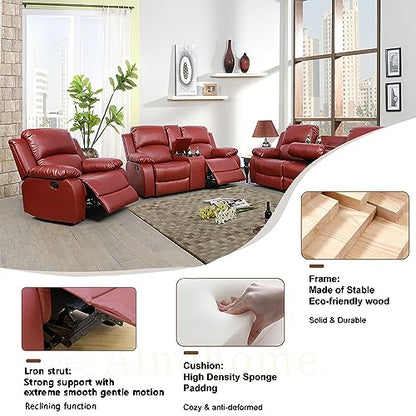 A Ainehome Living Room Furniture Set Leather Recliner Sofa Set Loveseat Chair Furniture Sofa Set for Living Room/Small Space/Rv/House/Office/Theater Seating (A-Red Leather, 3 Piece Set) - color: A-red Leather, size: 3 piece set