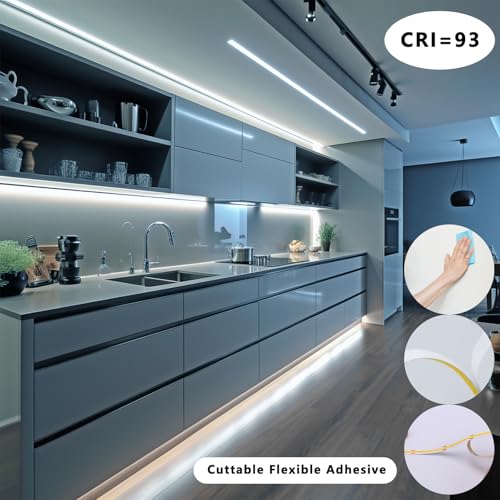 BENLUN 12V COB LED Under Cabinet Strip Lighting Cuttable 32.8ft for Kitchen | 6000K Cool White LED Strip Lights Dimmable Adhesive 8W/M CRI 93 with Dimmer and Power Supply for Bookcase Shelf Display - color: Cool White 6000K