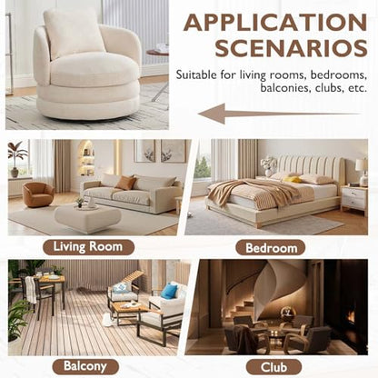 Round Swivel Barrel Chair with Comfy Pillow, Beige Small Accent Chair with Curved Backrest, Modern Upholstered Armchair & Chenille Barrel Accent Chairs for Living Room Bedroom Office (Beige) - color: Beige