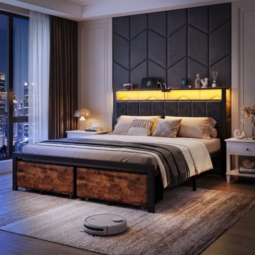 Queen Size Bed Frame with Upholstered Headboard and 2 Storage Drawers | Metal Platform Bed, LED Lights, USB Charging Station, Noise Free, No Box Spring Needed, Easy Assembly - size: Queen
