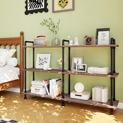 Industrial Bookshelf, Pipe Shelf Bookcase, 3 Tier, 60" Weathered Brown | Solid pine shelves, 60 inch wide, black pipe frame, 70 lbs per shelf, open bookcase for books, plants, office - color: Weathered Brown, size: 60"L × 39"H