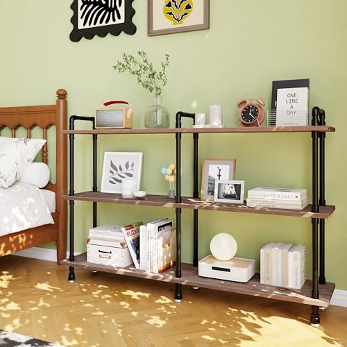 Industrial Bookshelf, Pipe Shelf Bookcase, 3 Tier, 60" Weathered Brown | Solid pine shelves, 60 inch wide, black pipe frame, 70 lbs per shelf, open bookcase for books, plants, office - color: Weathered Brown, size: 60"L × 39"H