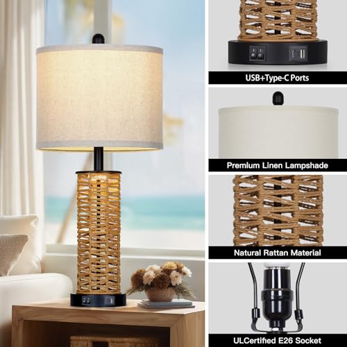 CINSARY 27" Boho Rattan Table Lamps Set of 2, Coastal Bedside Lamp with Night Light, Woven Wicker Bedroom Nightstand Lamps with USB A+C Charging Port, Tall Farmhouse Lamp for Living Room End Table - color: Rattan and Black