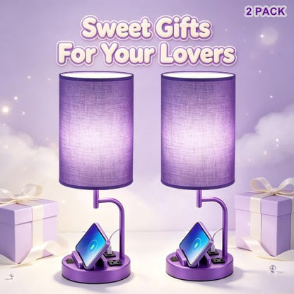 Dreamholder 2 Pack Table Lamp, Bedside Lamp with 3 USB Charging Ports & AC Outlet, USB Desk Lamp with 2 Phone Holders, Linen Fabric Shade Nightstand Lamps for Bedroom Living Room Office, Purple - color: Purple
