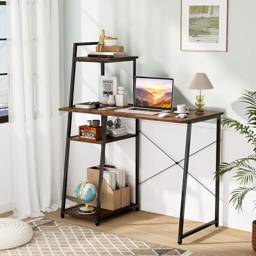 Tangkula Computer Desk with Shelves, Space Saving Home Office Desk with 3-Tier Ladder Shaped Storage Bookshelf, Modern Writing Study Desk with Metal Frame, Compact Computer Workstation (Rustic Brown) - color: Rustic Brown