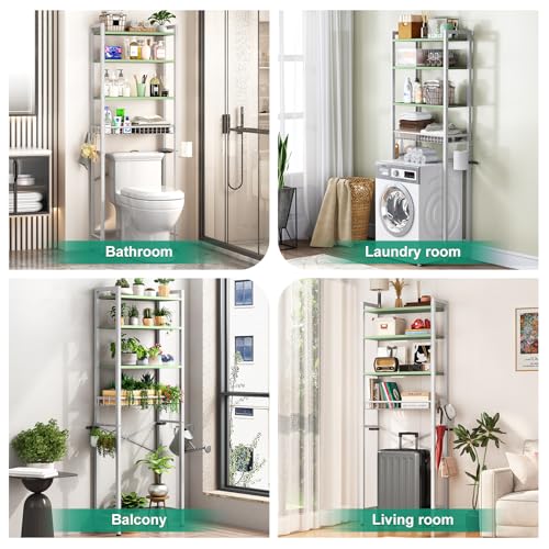 Kalrin Over-The-Toilet Storage Rack, 4-Tier Bathroom Organizer Shelf Over Toilet with Adjustable Shelf and Basket, Freestanding Space Saver Bathroom Shelves Above Toilet for Room (Avocado Green) - color: Whit- Green