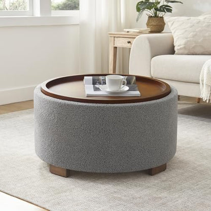 Zihanhome 30 Inch Round Storage Ottoman, Ottoman Coffee Table with Lift Off Lid, Boucle Modern Ottomans with Storage for Living Room, Bedroom, Apartments (Light Grey) - color: Light Grey