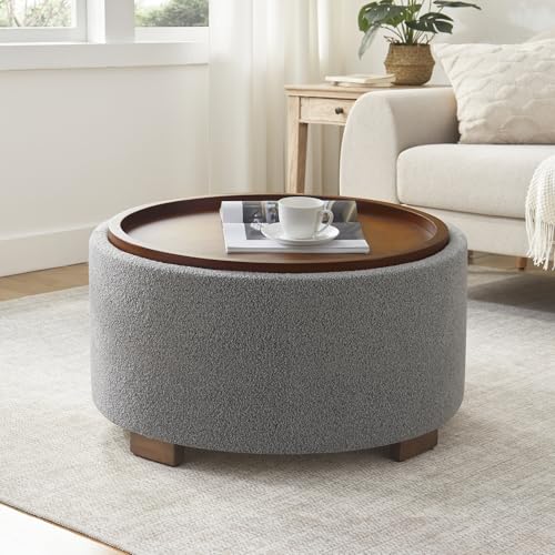 Zihanhome 30 Inch Round Storage Ottoman, Ottoman Coffee Table with Lift Off Lid, Boucle Modern Ottomans with Storage for Living Room, Bedroom, Apartments (Light Grey) - color: Light Grey